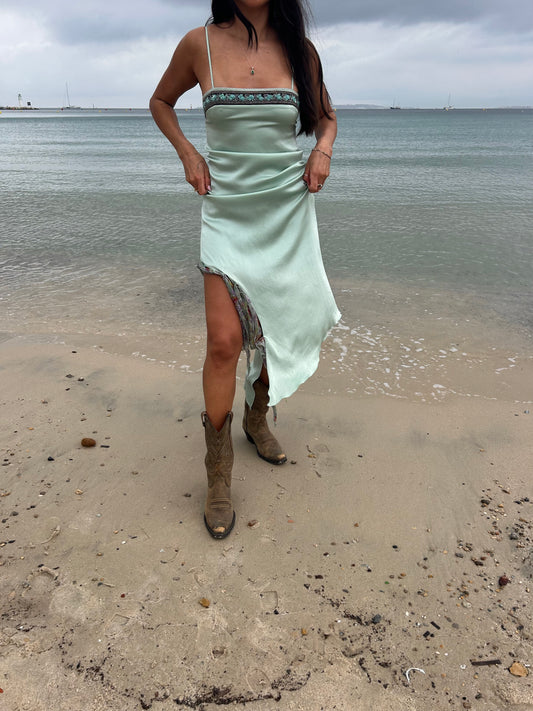 Asymmetrical beaded backless silk dress