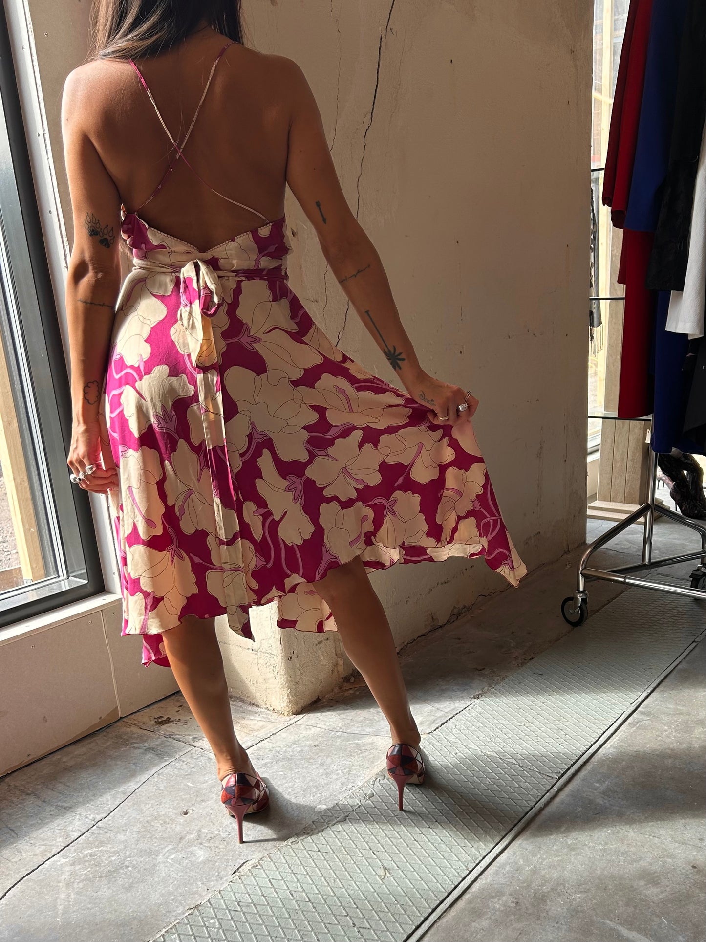 MOSCHINO fuchsia floral wrap silk dress