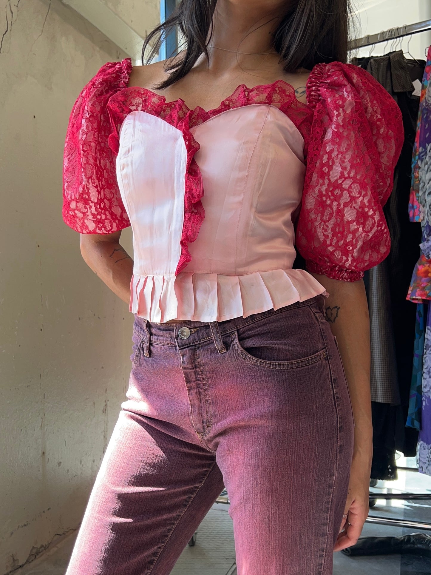 Pink drop shoulder cupcake bustier top