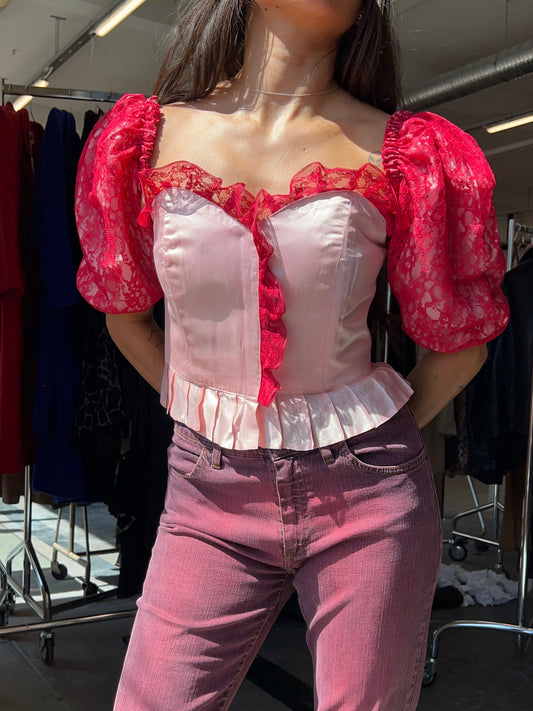 Pink drop shoulder cupcake bustier top