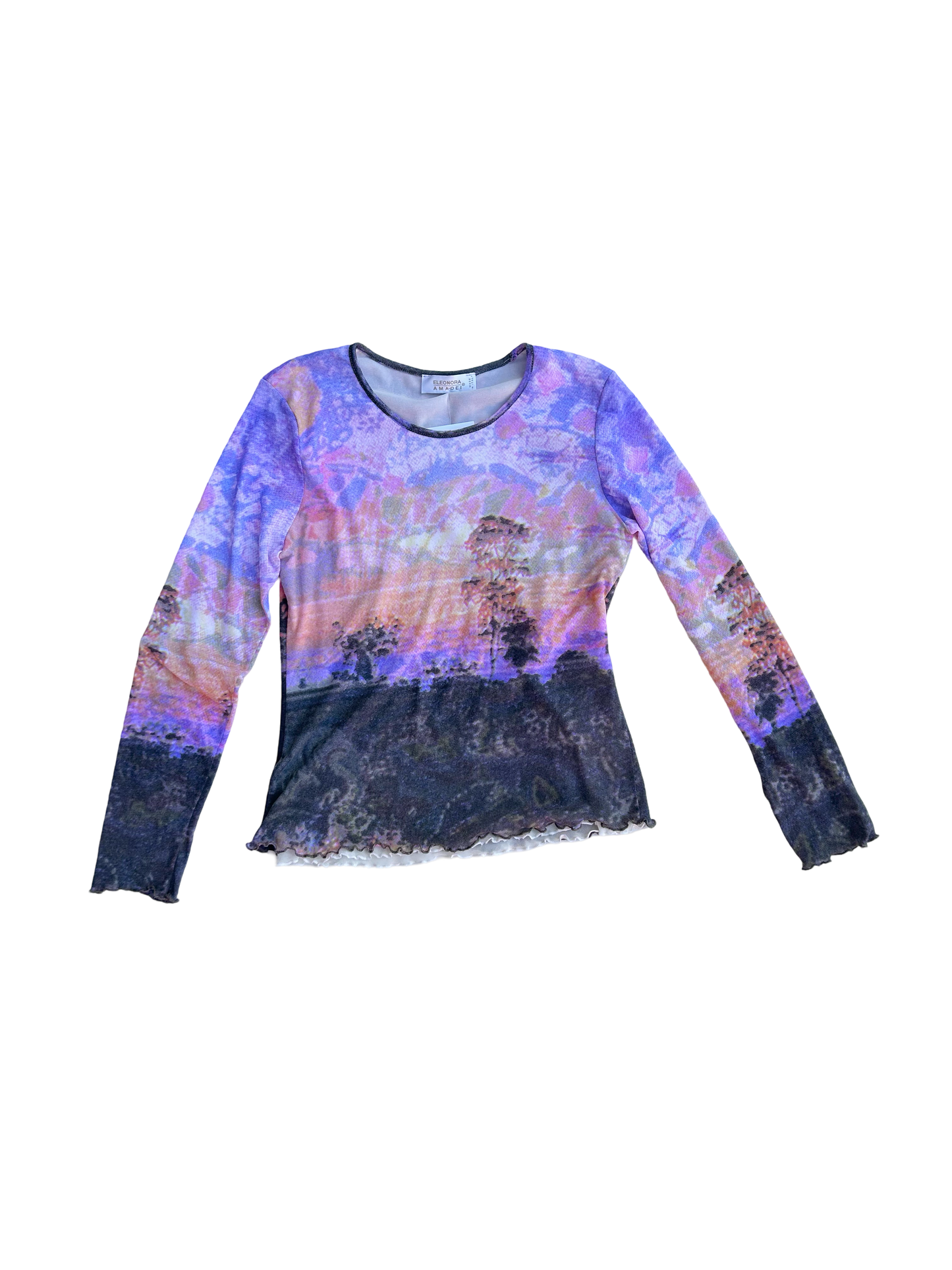 Graphic forest mesh top