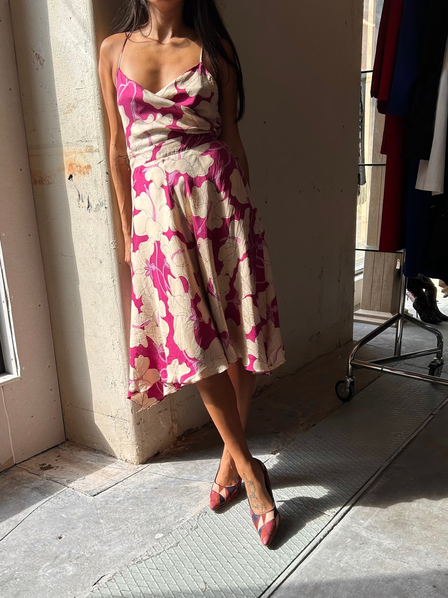 MOSCHINO fuchsia floral wrap silk dress