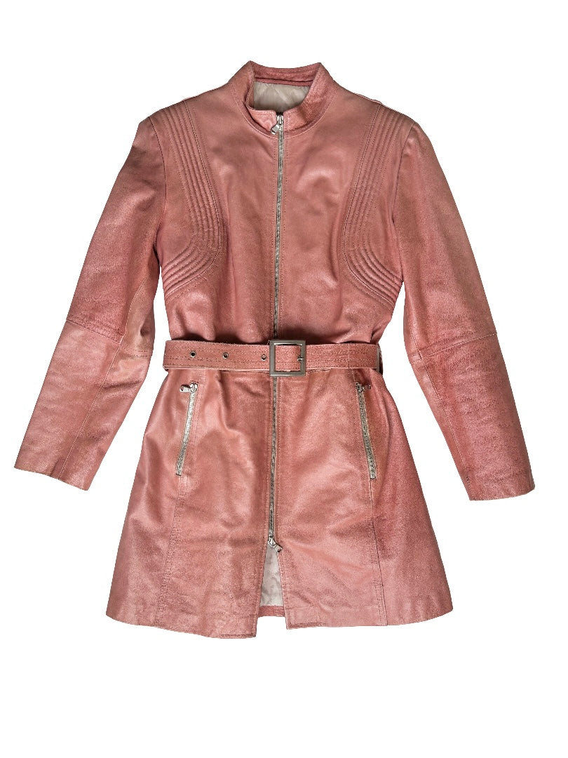 Dusty Pink mid biker leather coat