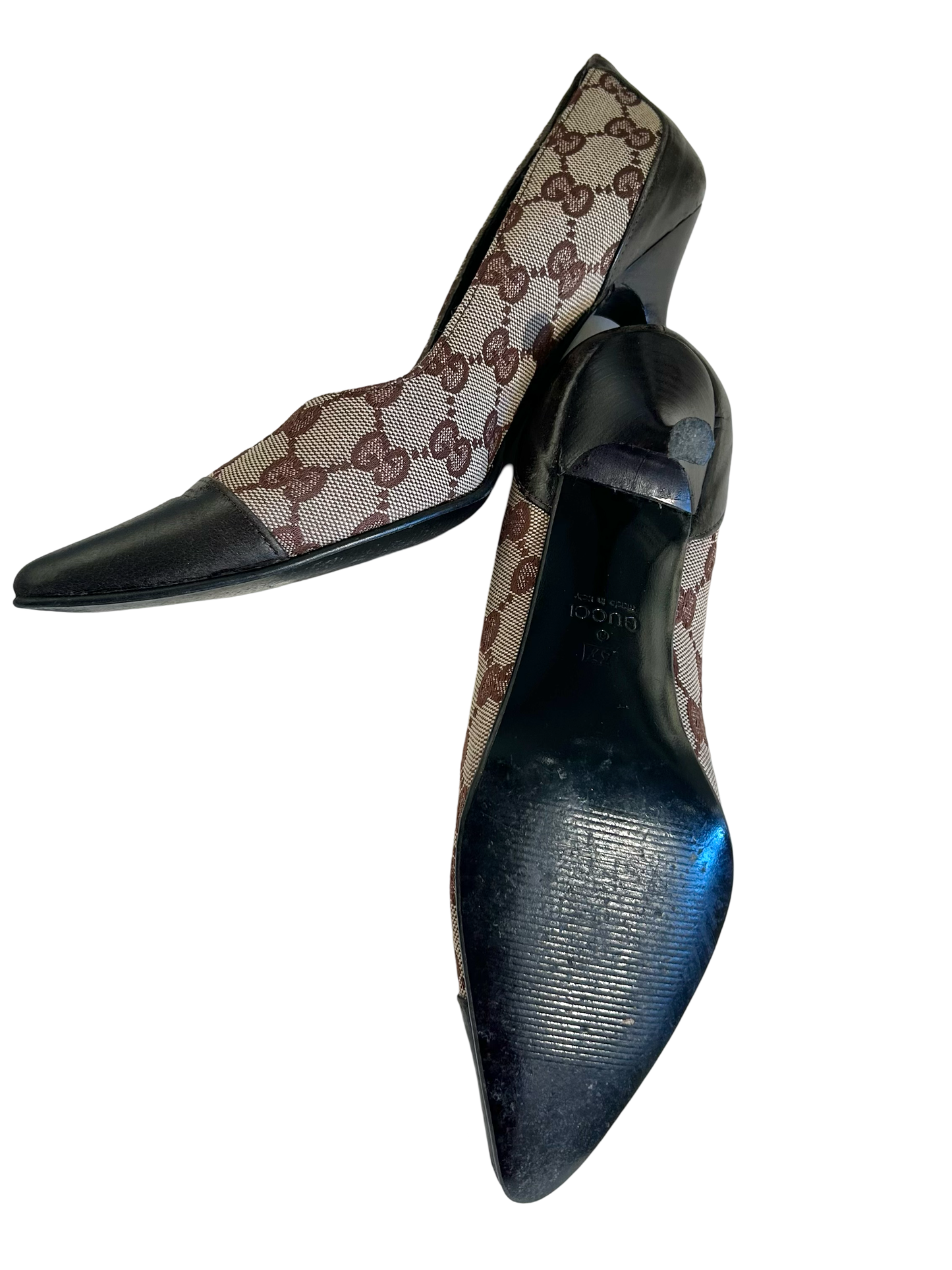 Gucci brown leather and monogram heels