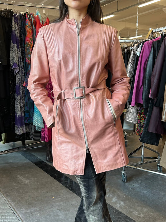 Dusty Pink mid biker leather coat