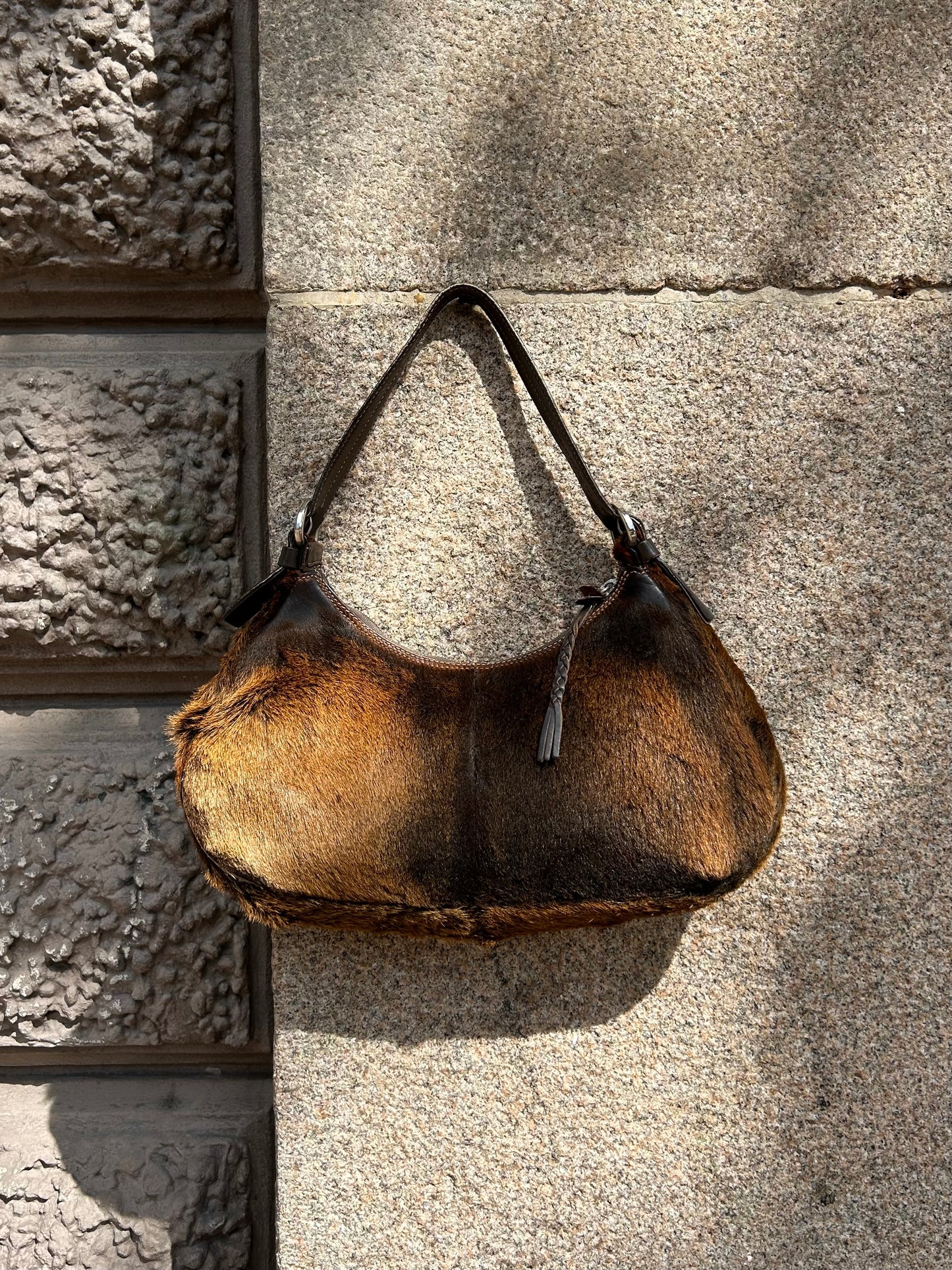 HOGAN brown fur baguette bag