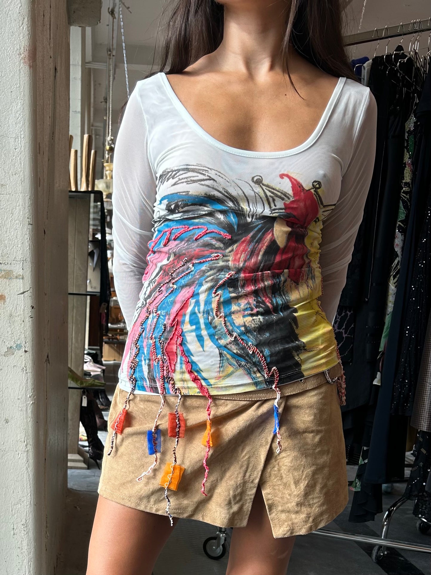 Save The Queen “le coq” embroidery mesh top