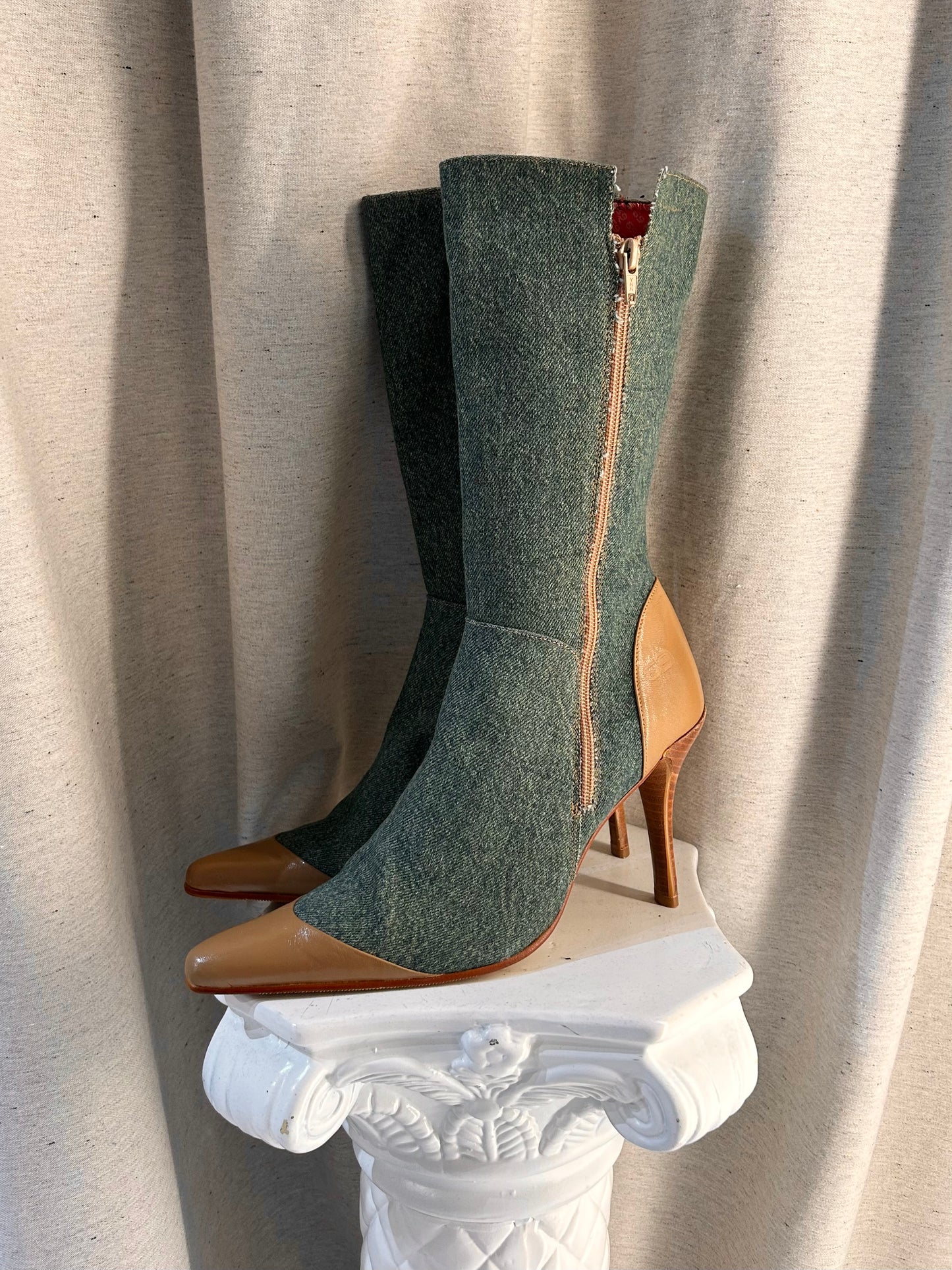 2000’s denim and leather pointy boots