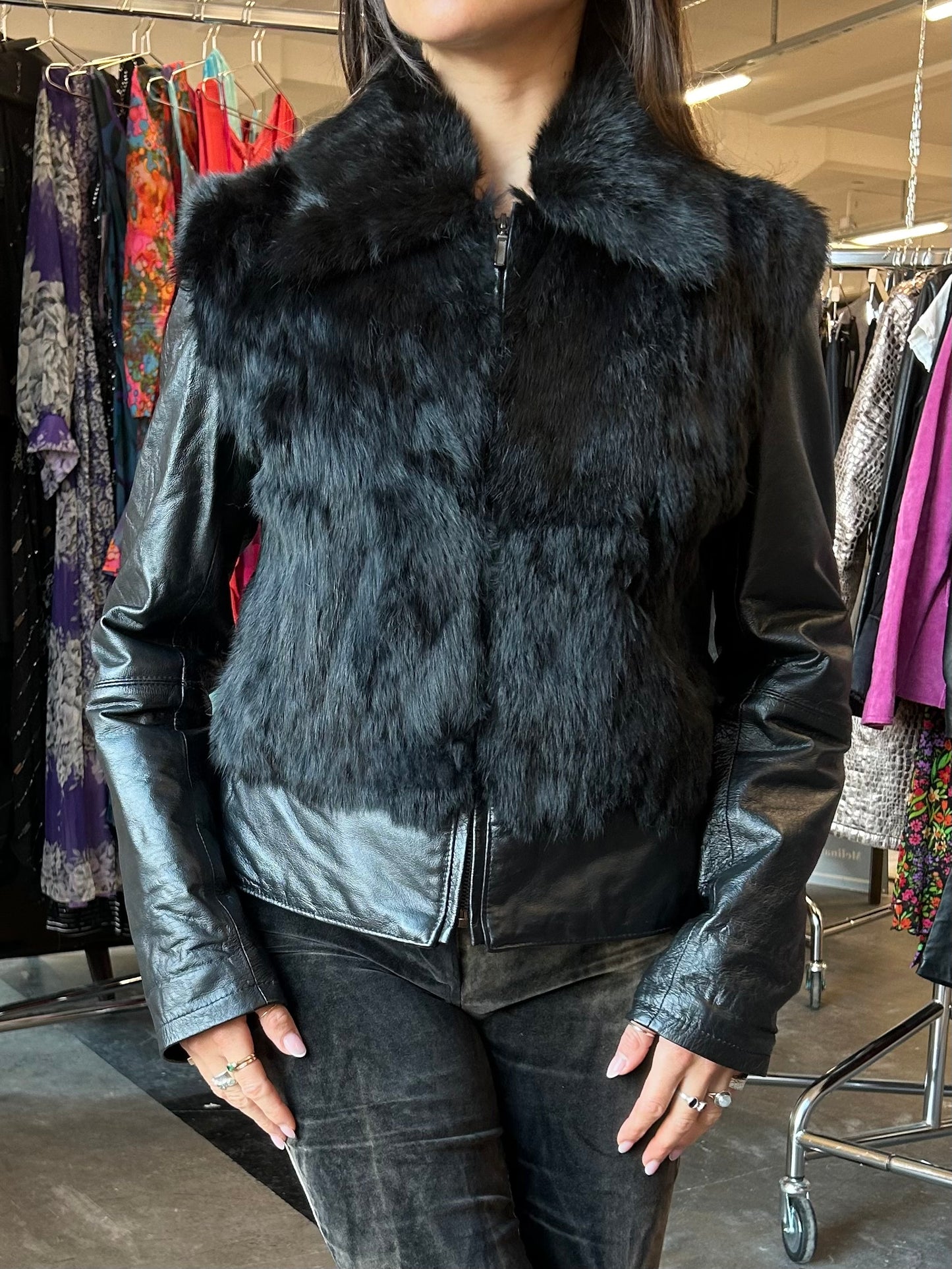 Leather jacket with fur details