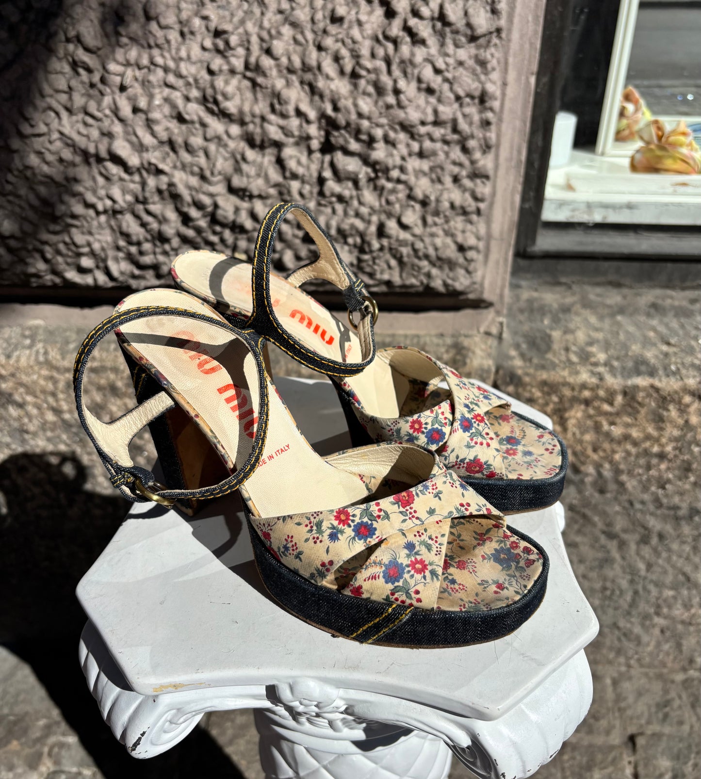 Miu Miu Flower & denim Platform Sandals