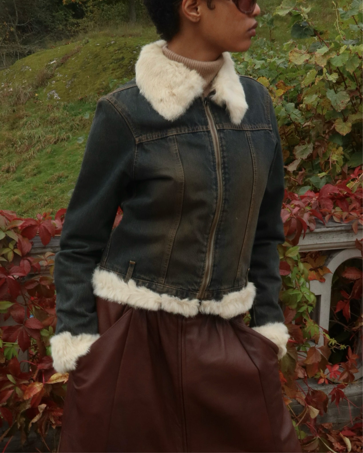 Brown washed fur lined denim jacket