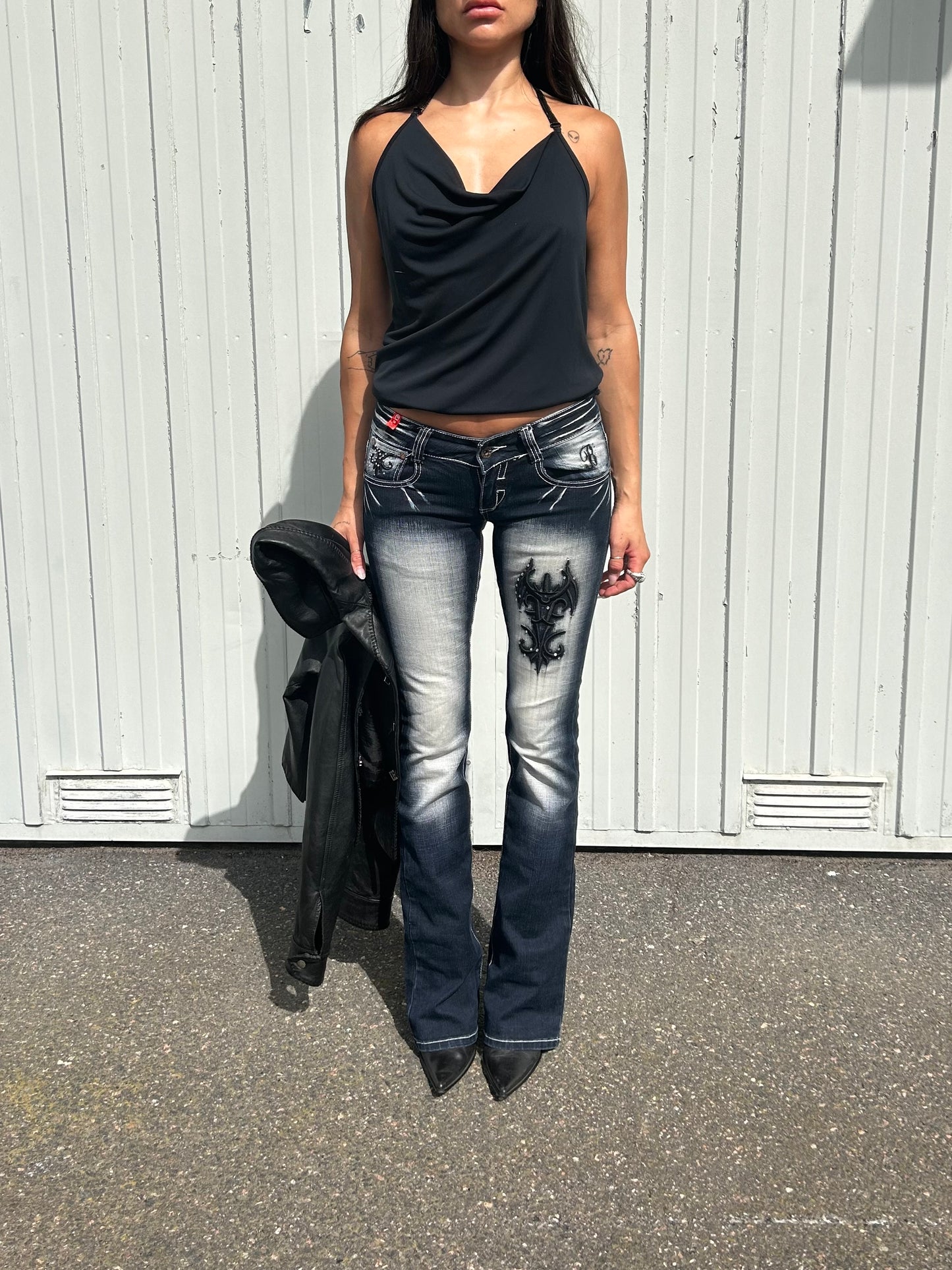 Blue Queen Y2K bejeweled bootcut jeans