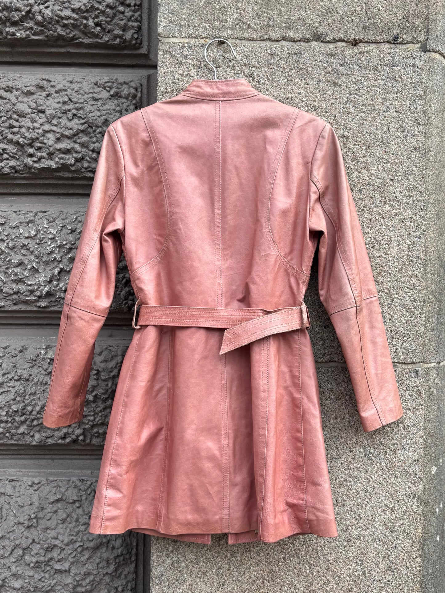 Dusty Pink mid biker leather coat