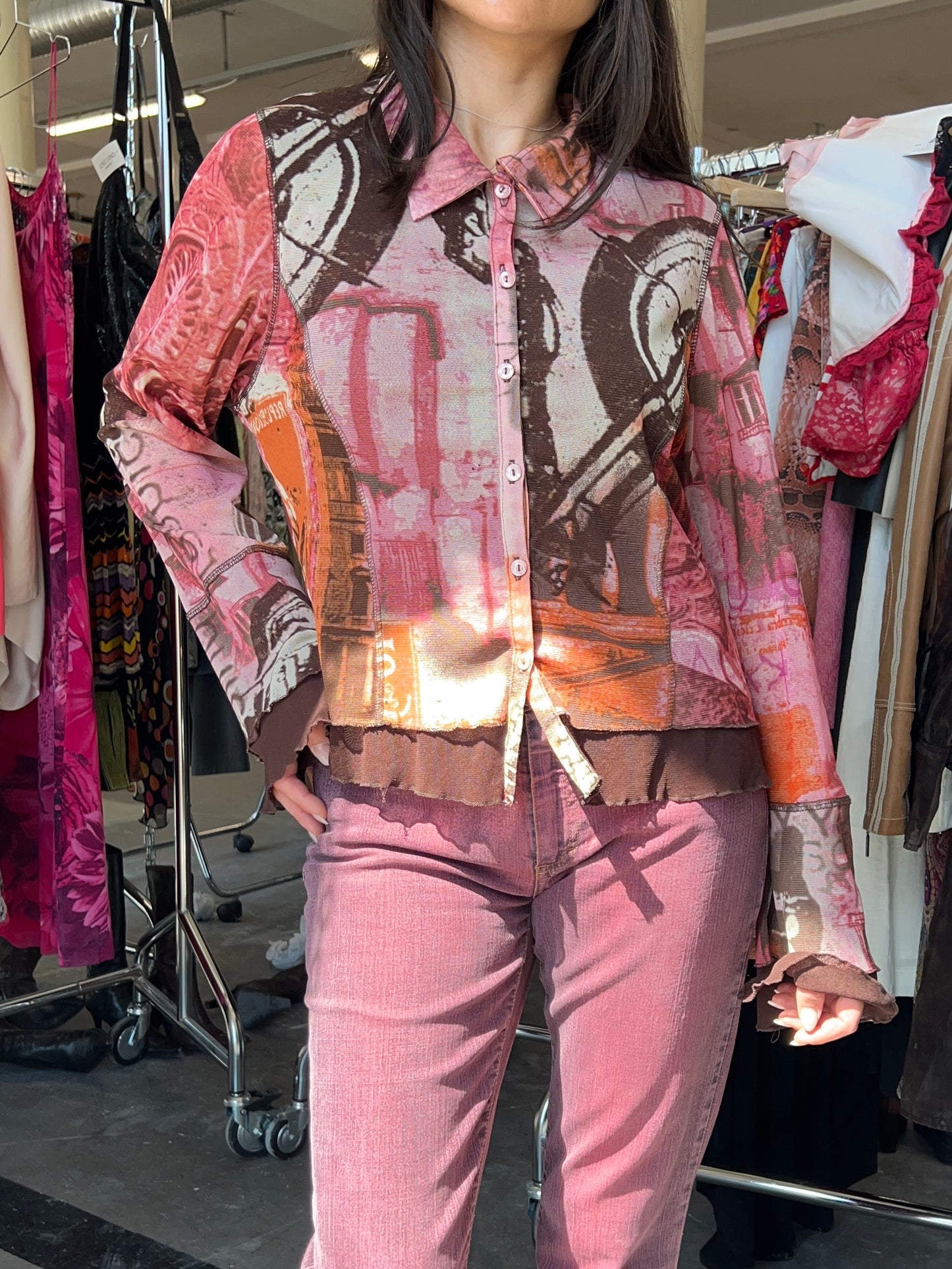 Multi print mesh blouse