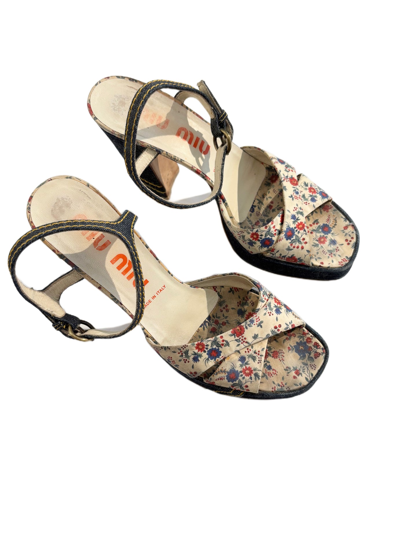 Miu Miu Flower & denim Platform Sandals