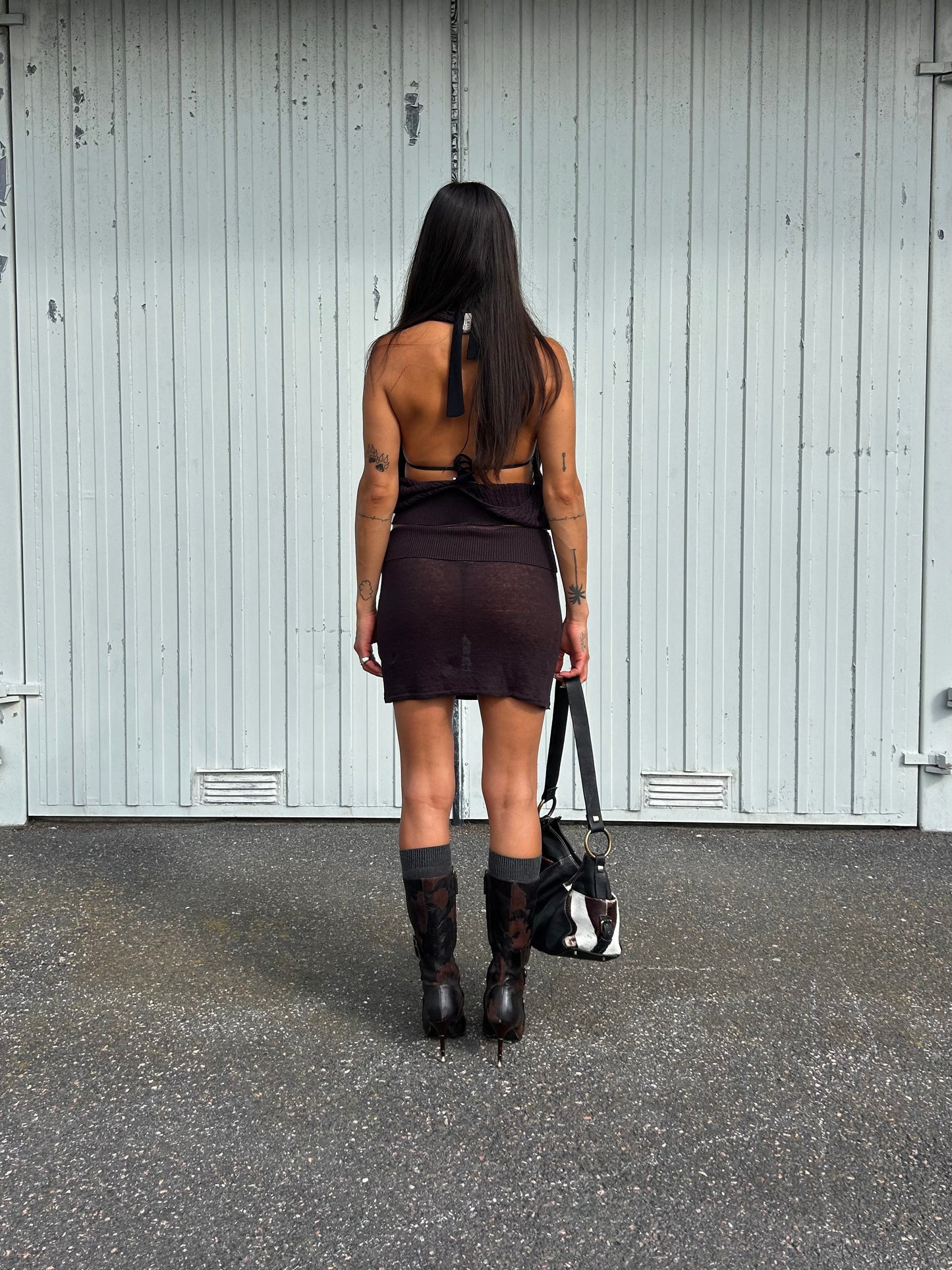 Open back halter neck knitted mini set