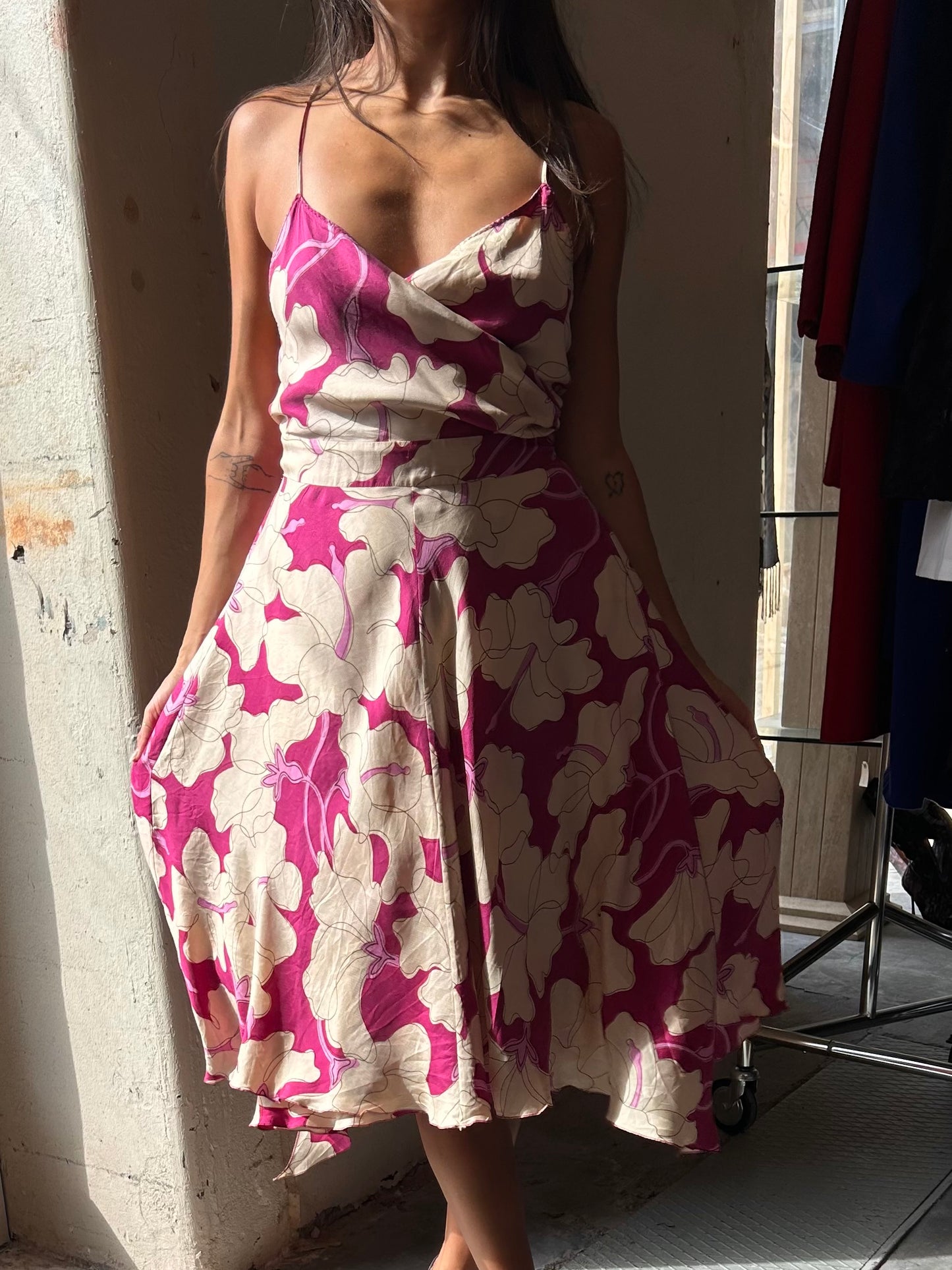 MOSCHINO fuchsia floral wrap silk dress