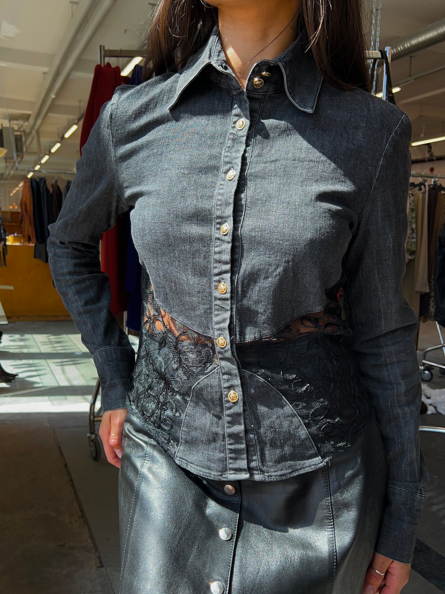 Versace cut out lace denim shirt