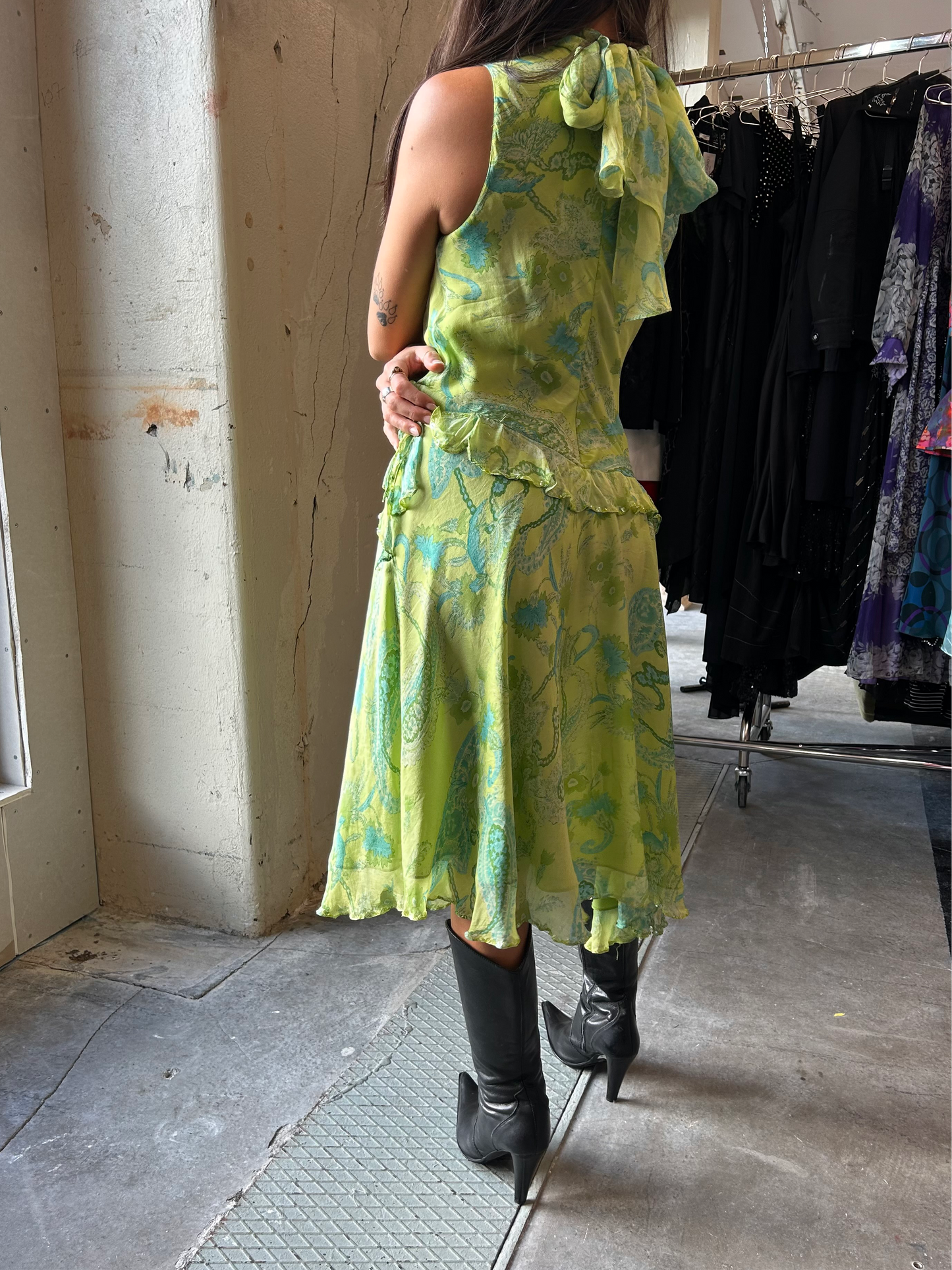 Green silk floral dress