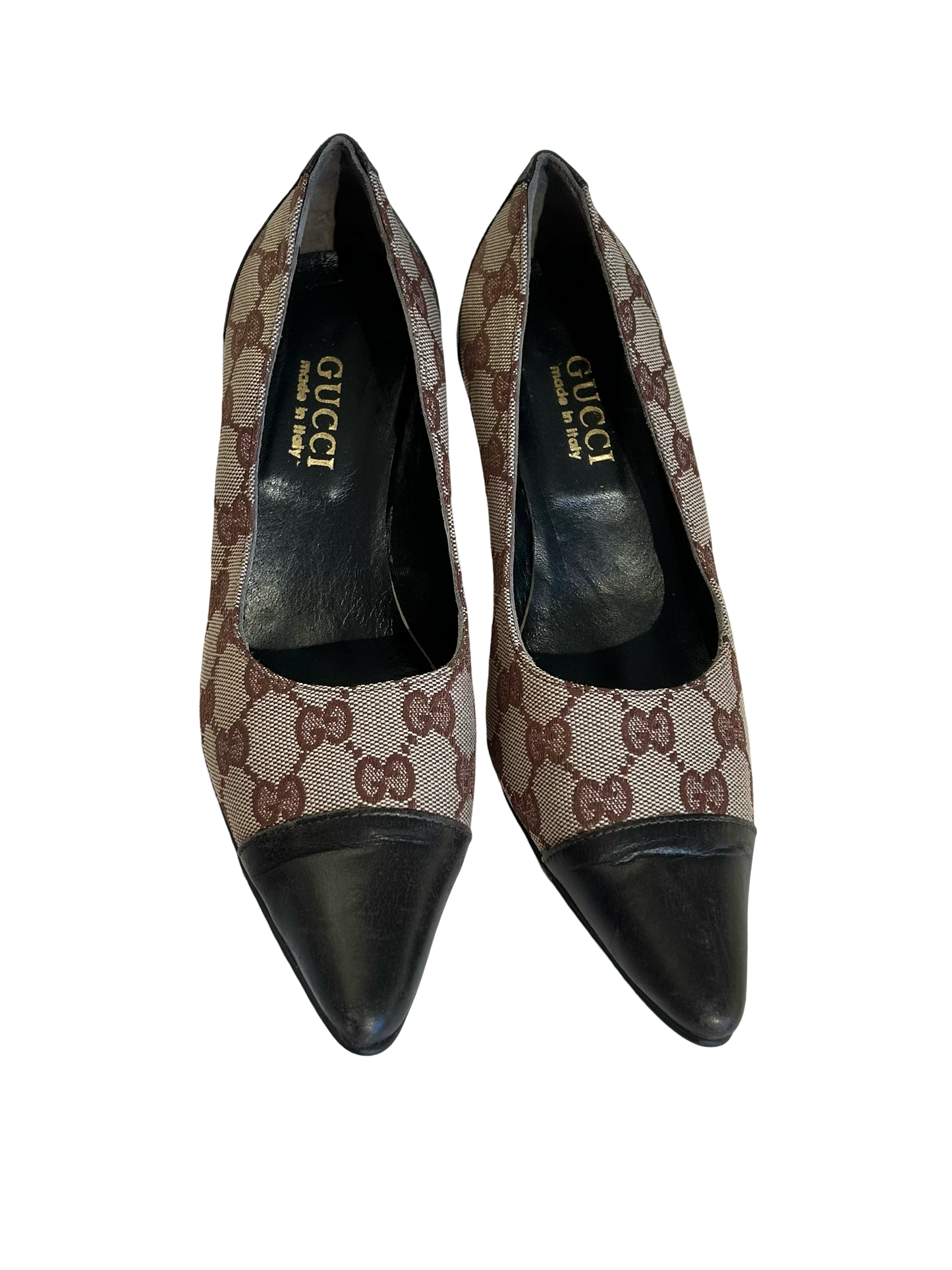 Gucci brown leather and monogram heels