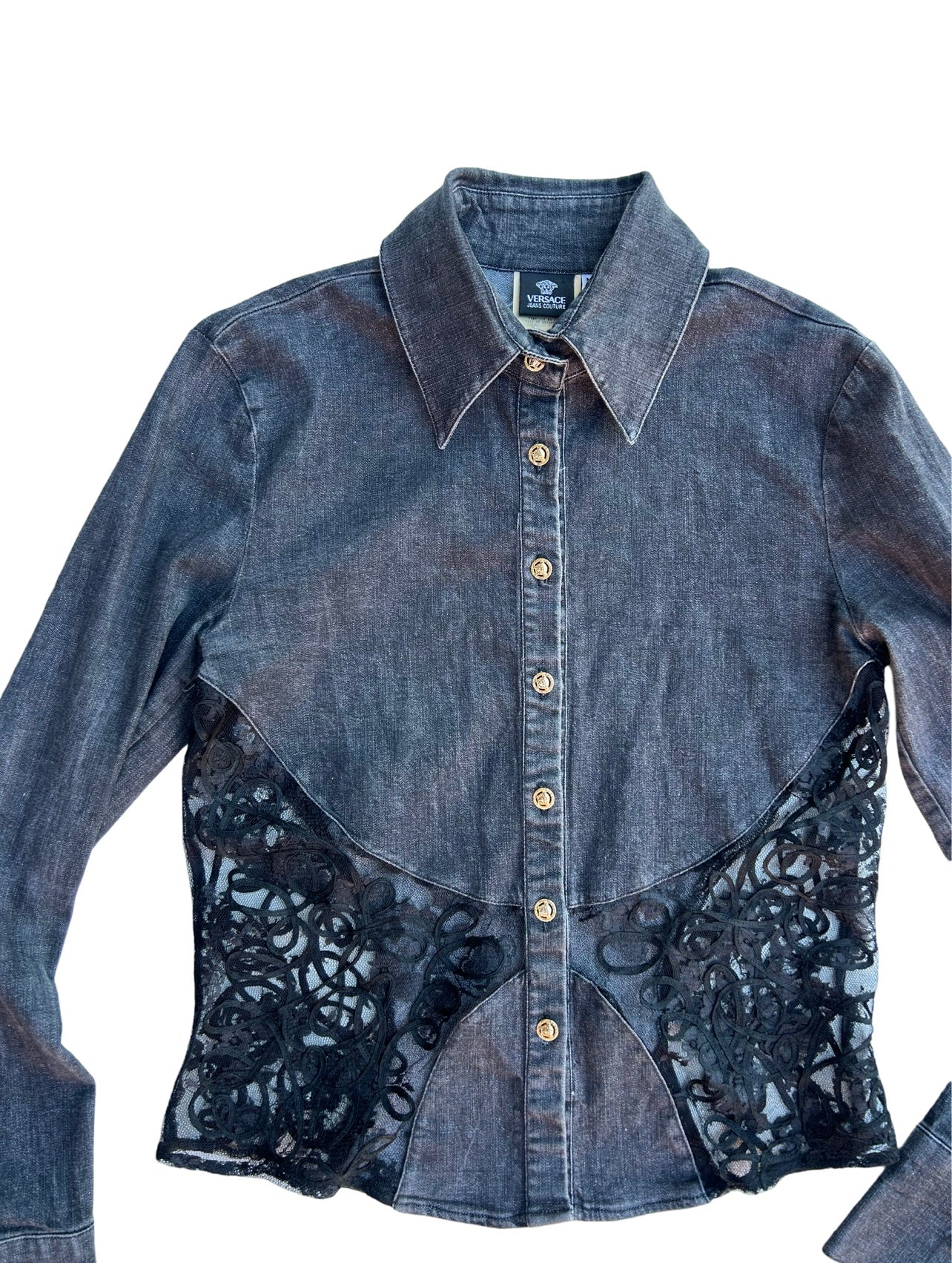 Versace cut out lace denim shirt