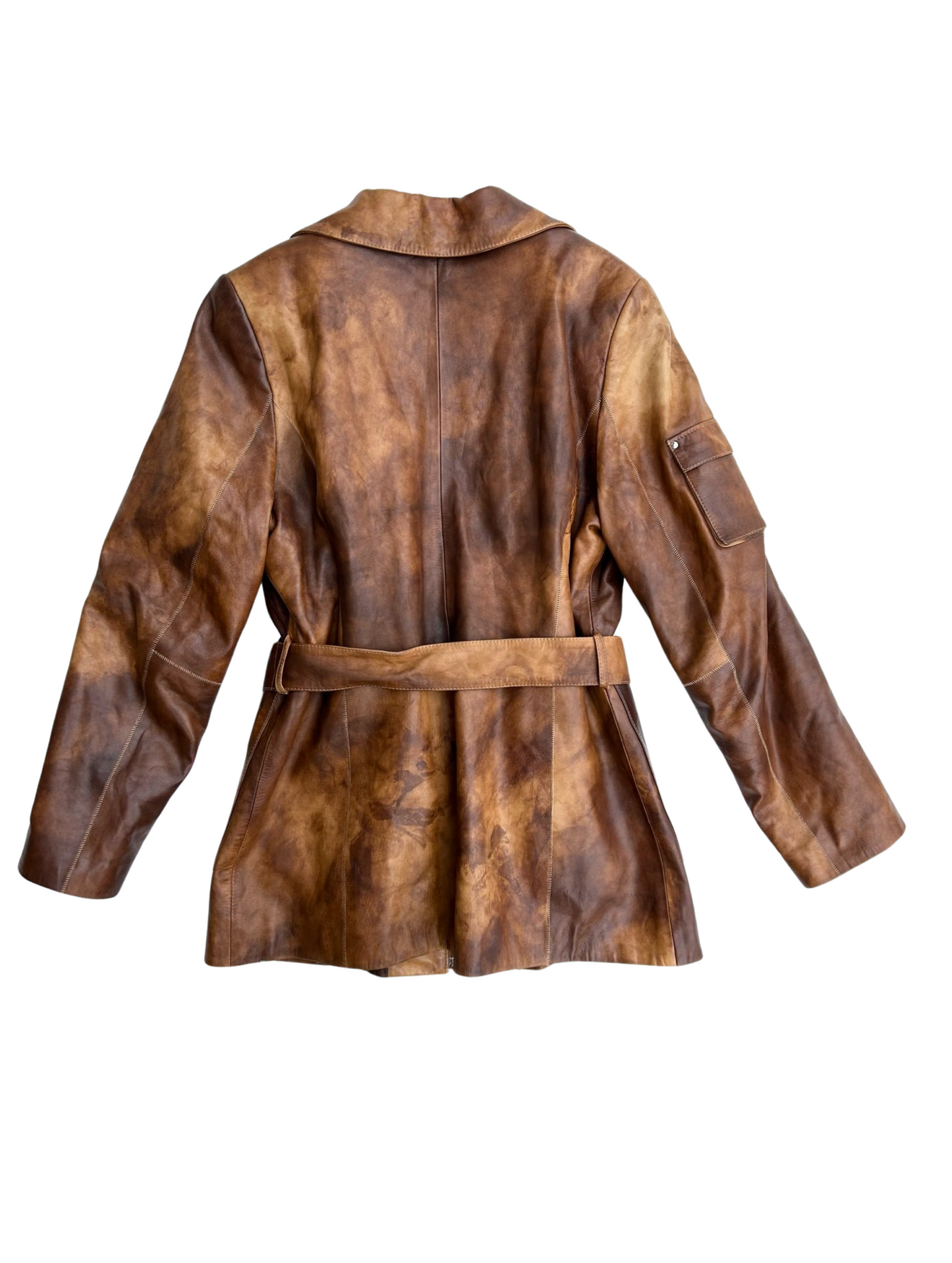 Brown belted leather coat jacket