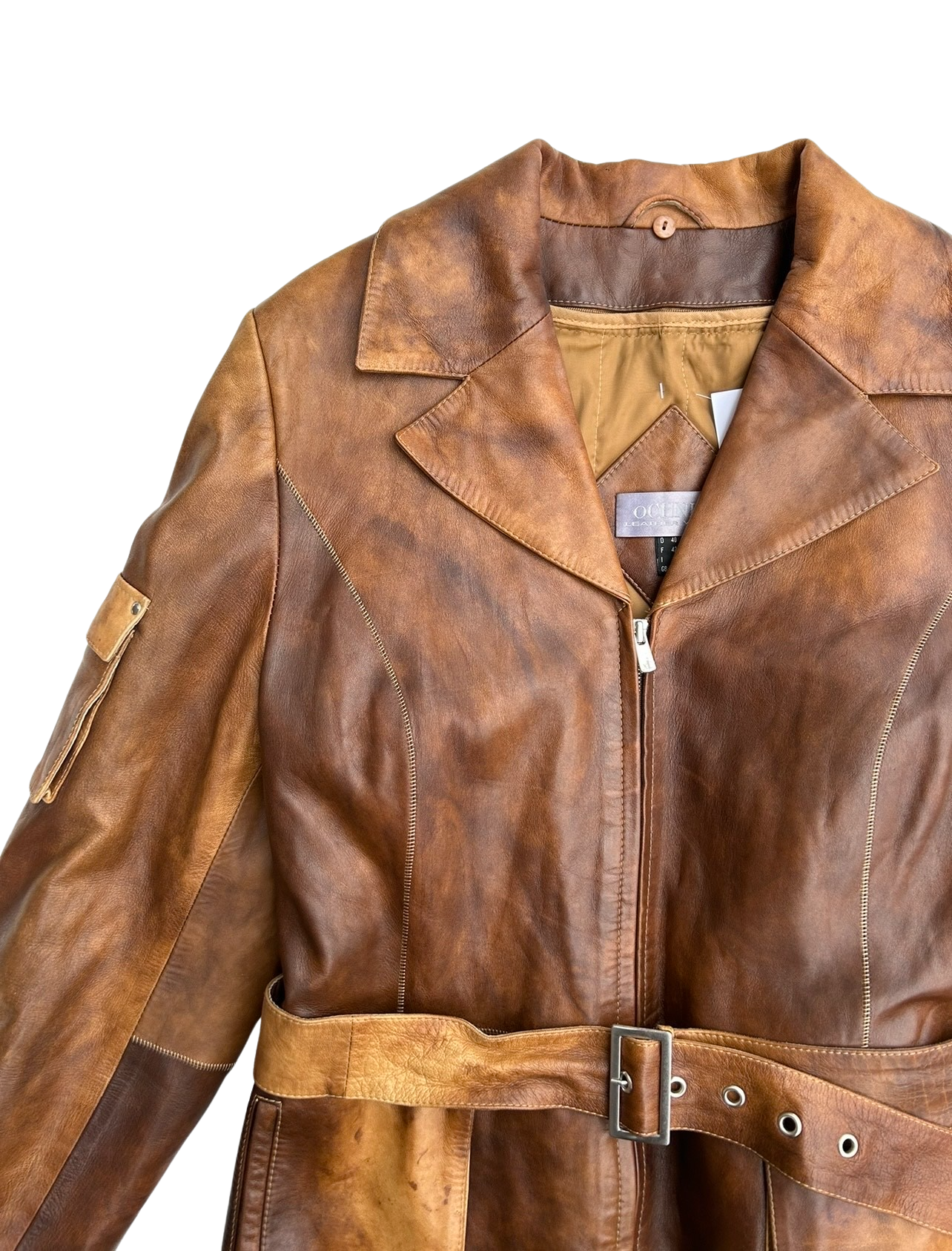 Brown belted leather coat jacket