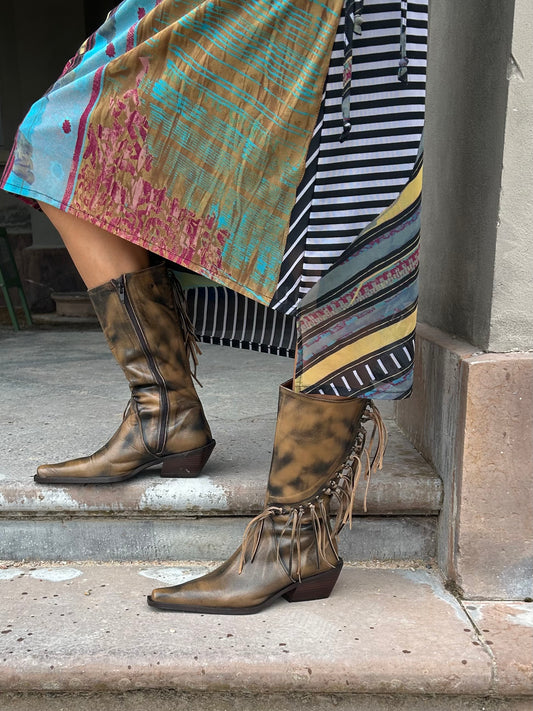 Fringe distressed cowboy boots