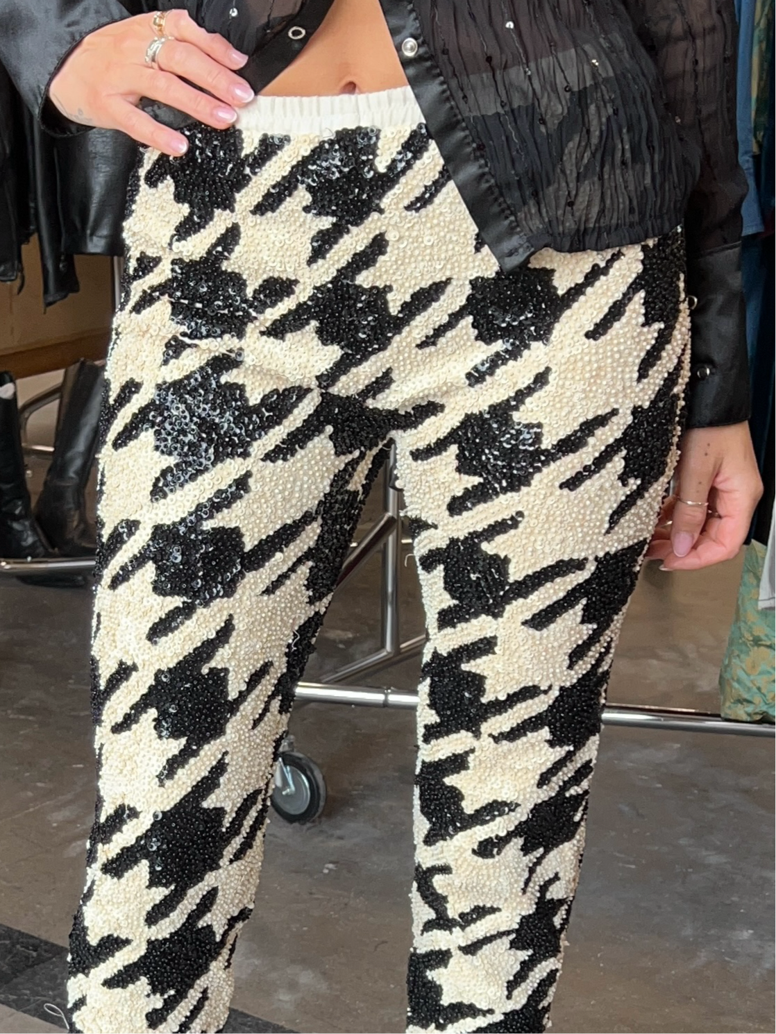Houndstooth embellished Italian Sequin pants