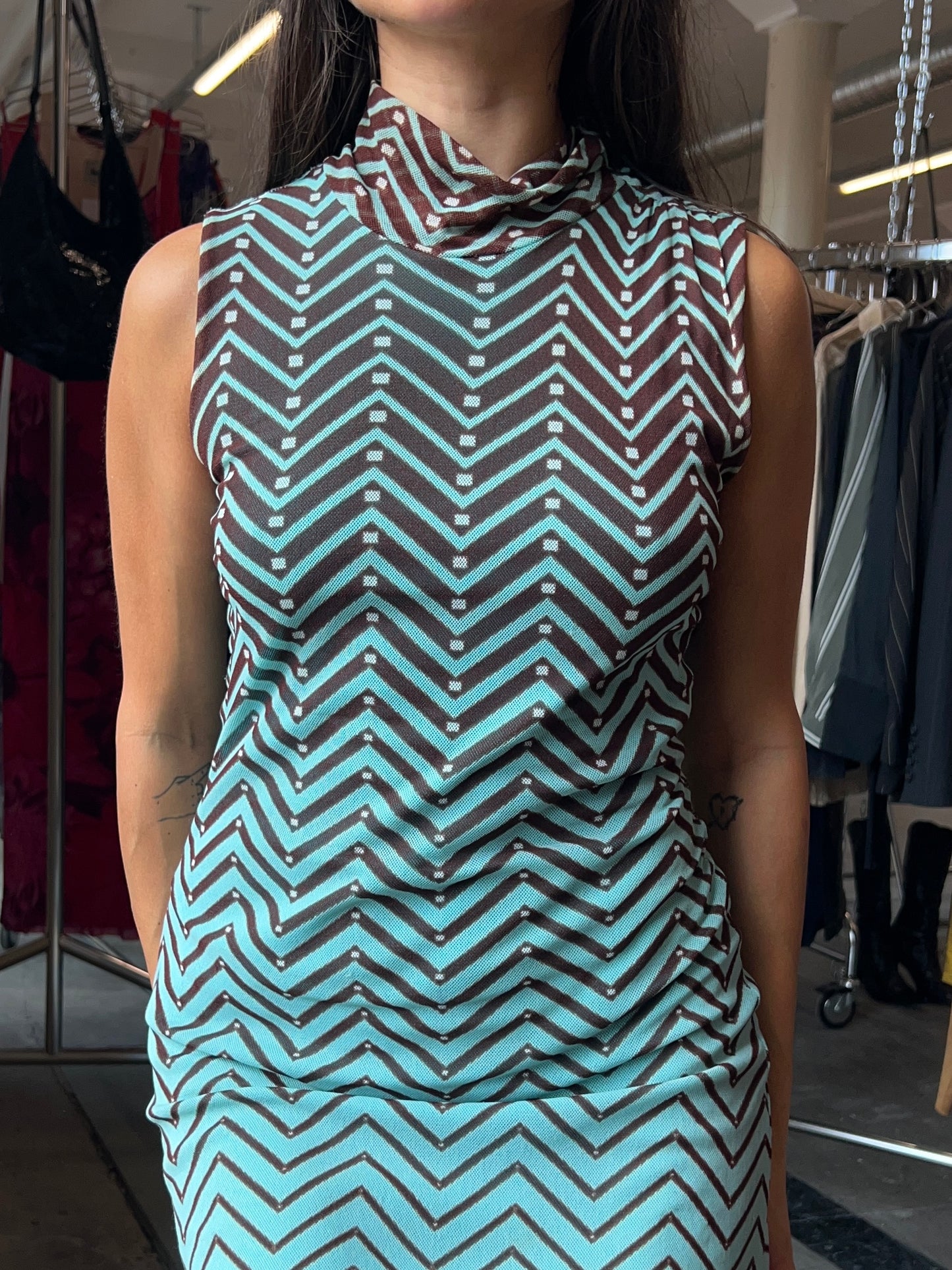 Asymmetrical mesh zig zag polo dress