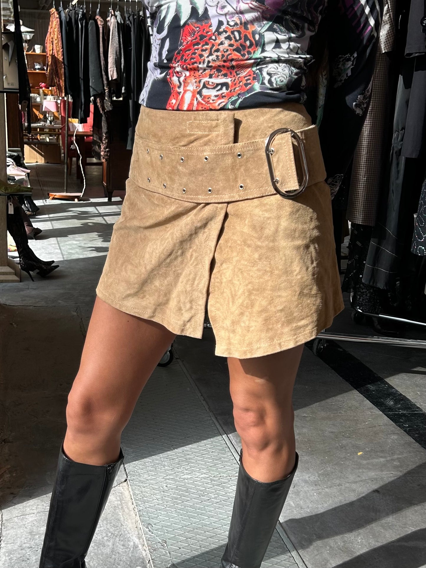 Y2K latte suede mini skirt