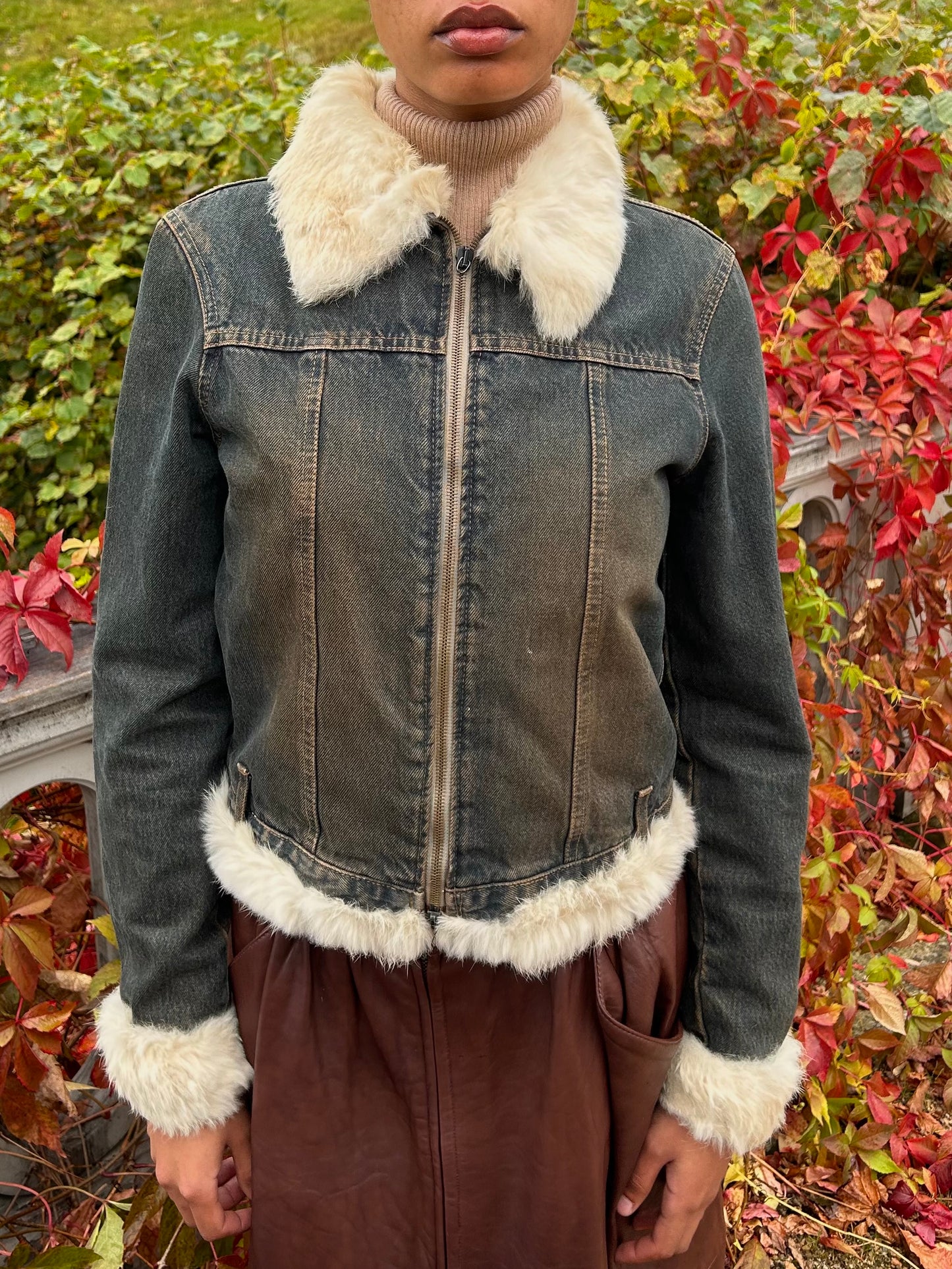 Brown washed fur lined denim jacket