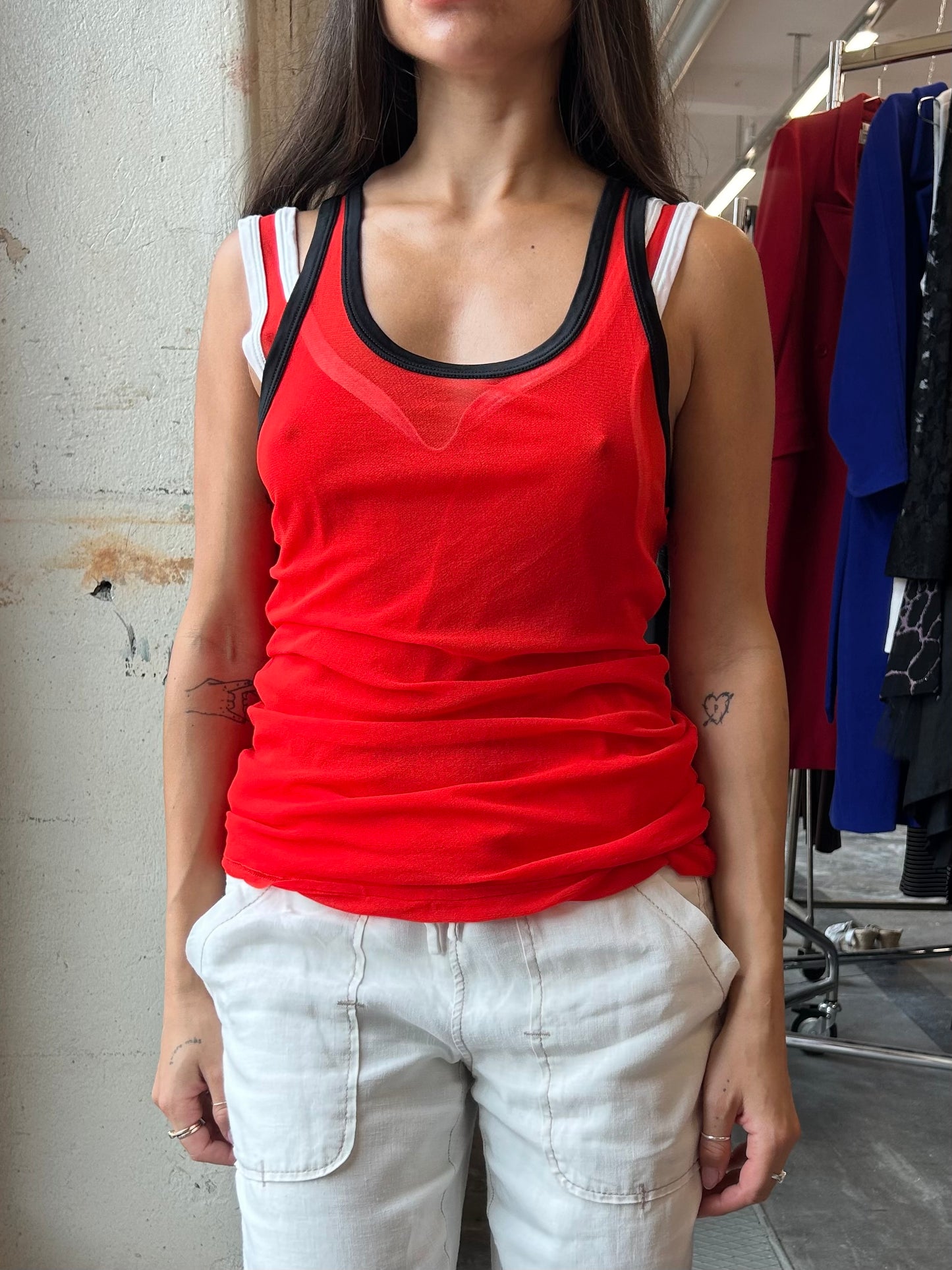 Jean Paul Gaultier hot red double layered mesh top