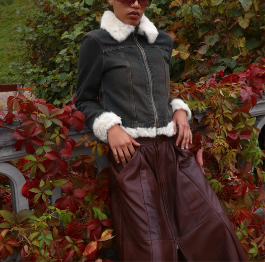 Brown washed fur lined denim jacket