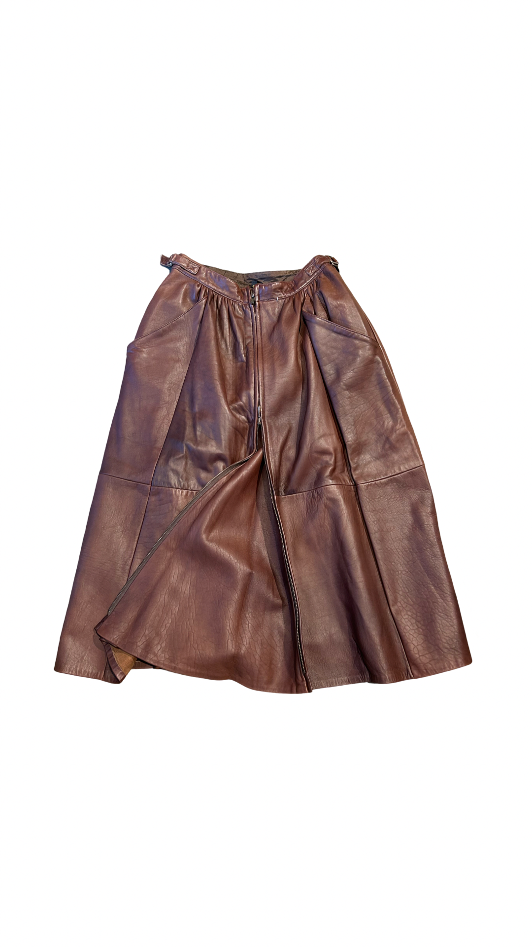 Zipper detailed deep brown leather skirt