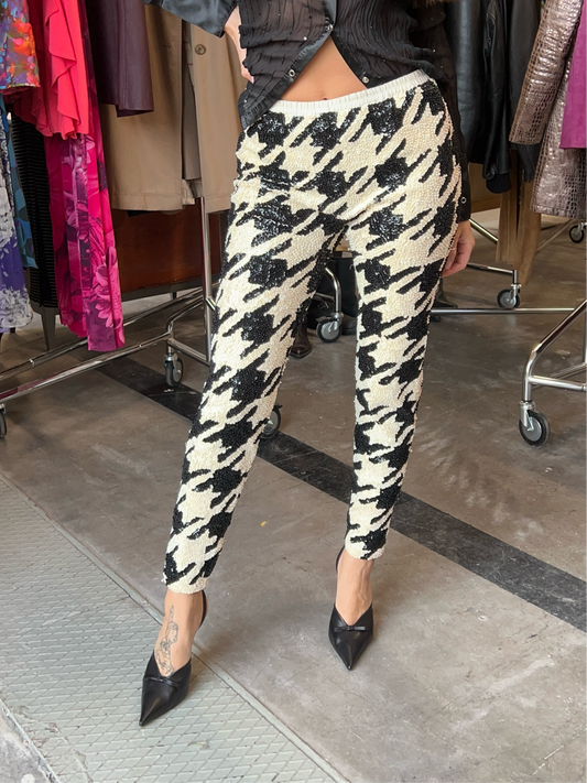 Houndstooth embellished Italian Sequin pants