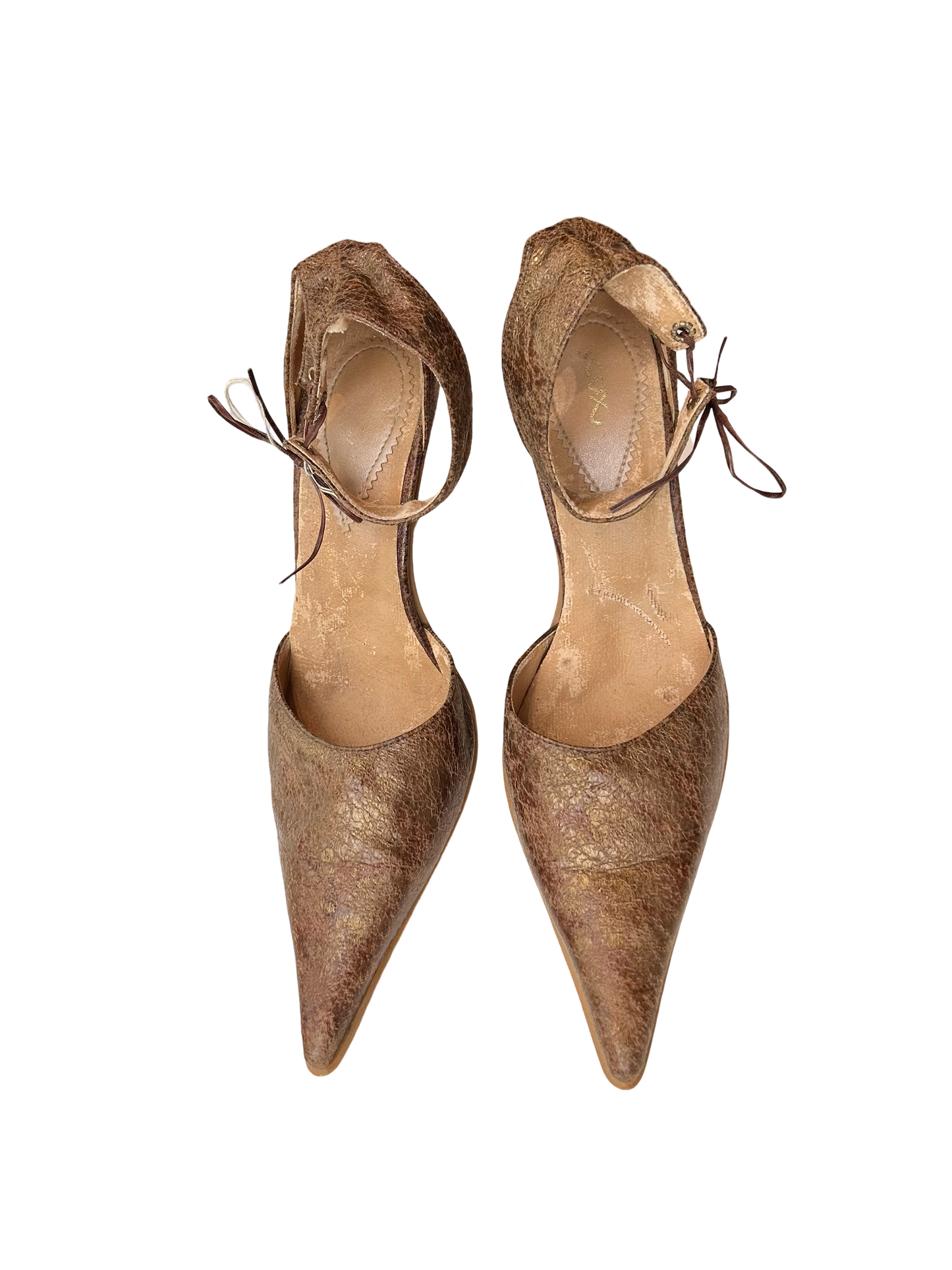 Distressed look ankle strap stilettos