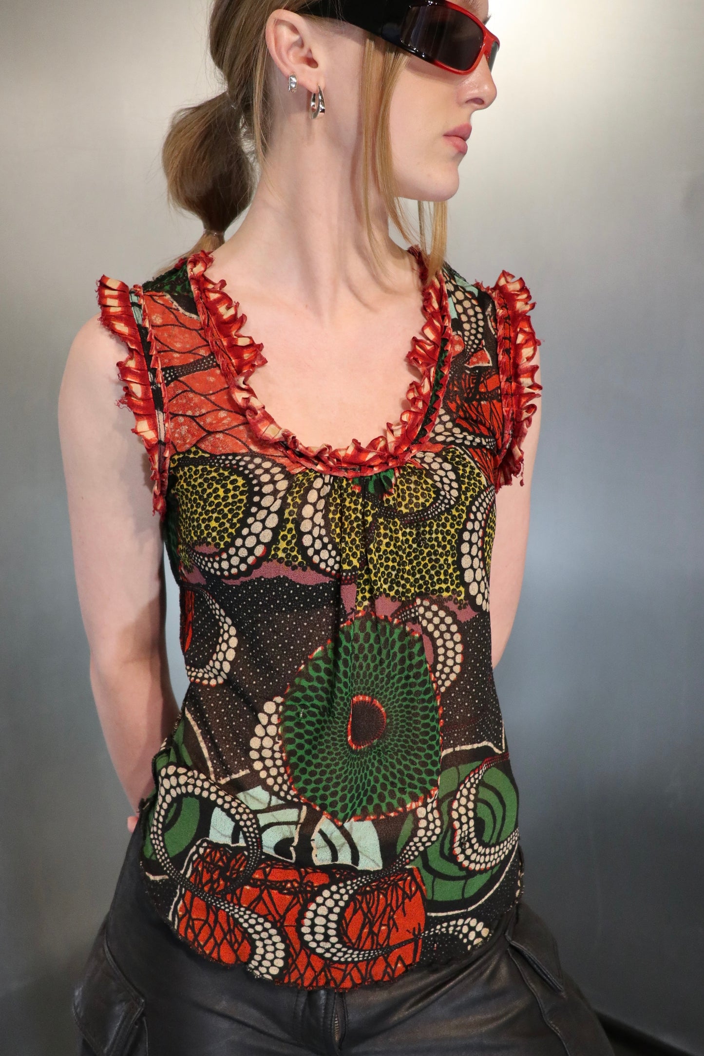 Gaultier Soleil Mesh Tribal Ruffle Top c.2004