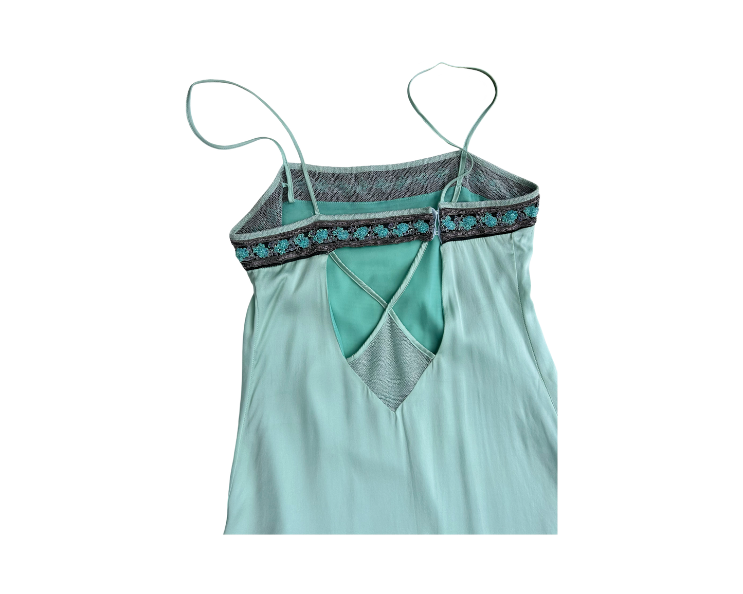 Asymmetrical beaded backless silk dress