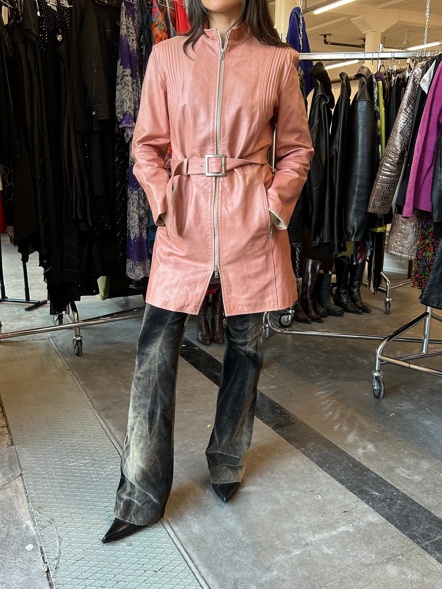 Dusty Pink mid biker leather coat