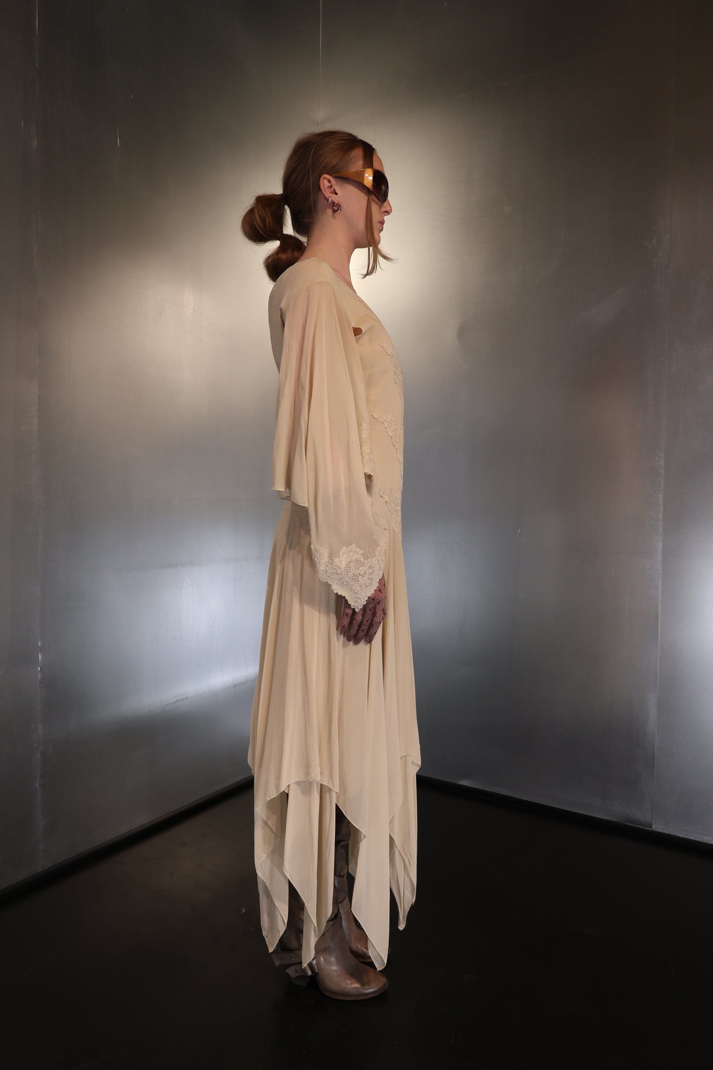 Asymmetrical Angel Sleeve Silk Dress, 1970s