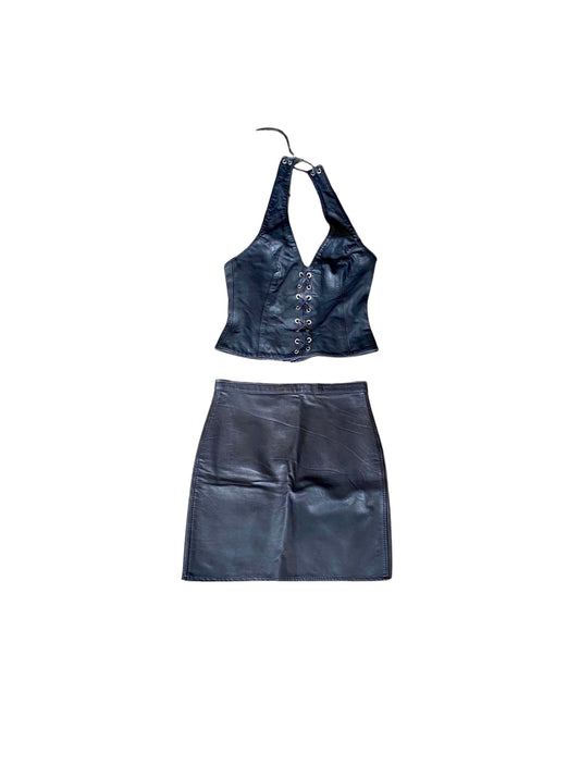 BLACK LEATHER HALTER-NECK SET 90’s
