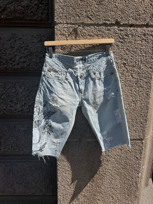 John Galliano Distressed Graphic Jeansshorts