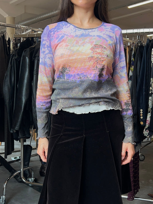 Graphic forest mesh top
