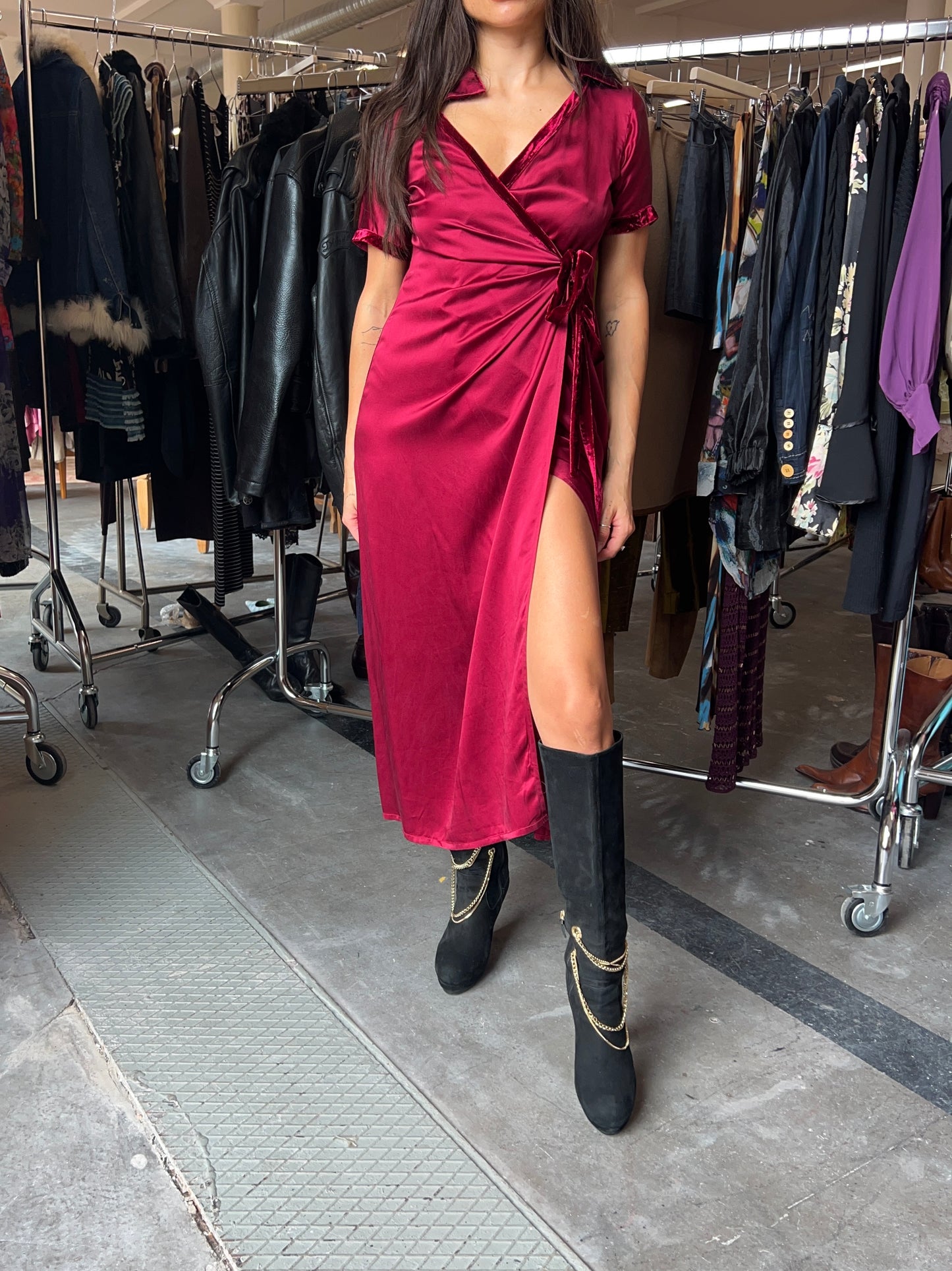 Burgundy silk wrap dress made in Italy