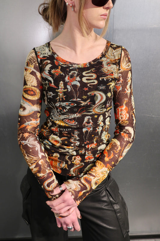 Gaultier Soleil Zodiac Tattoo Mesh Top c.2005