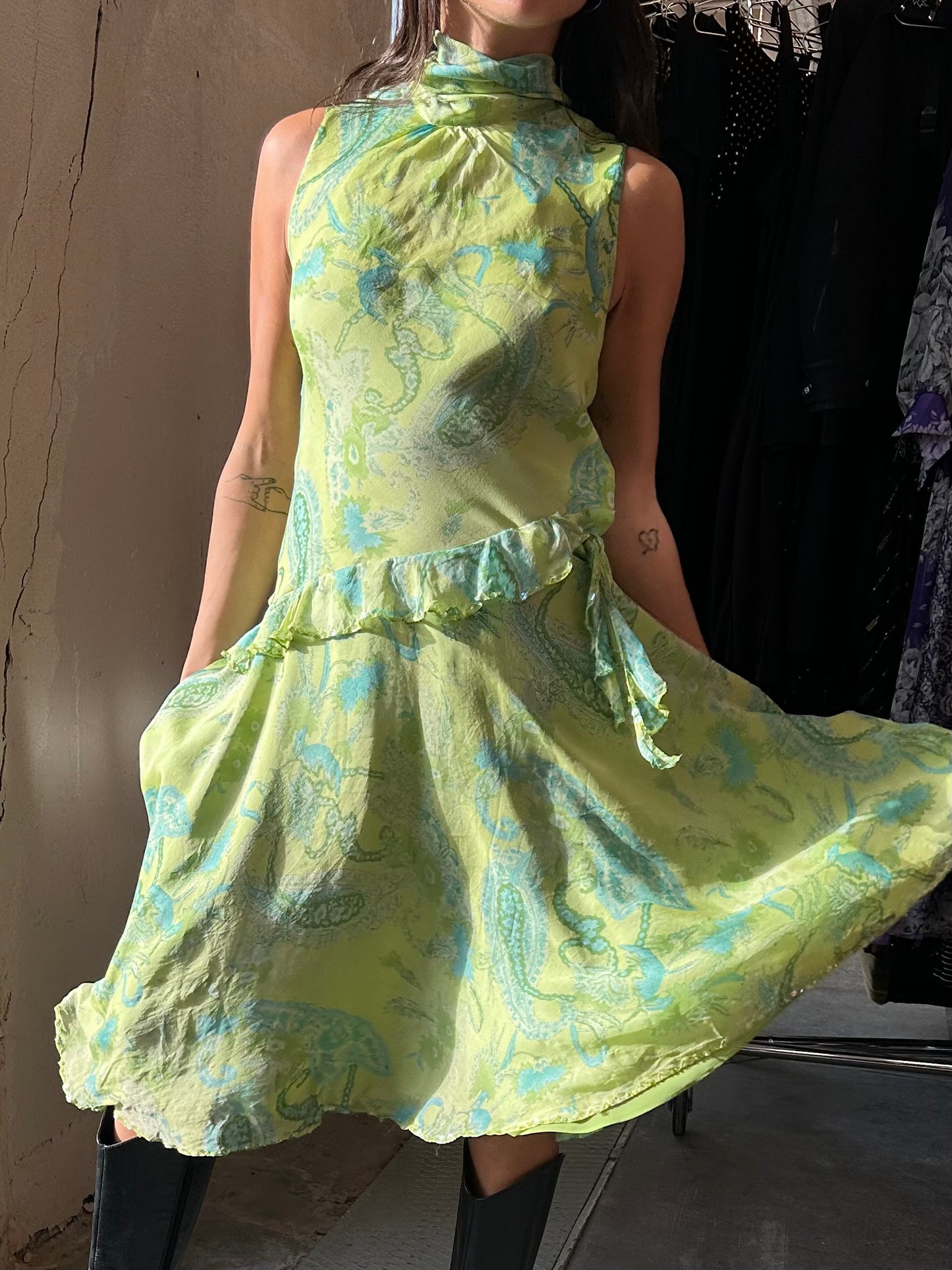 Green silk floral dress
