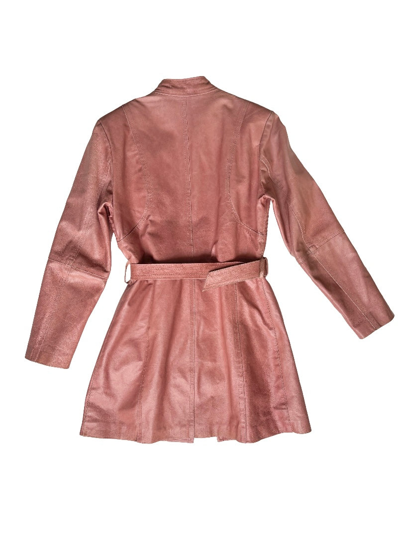 Dusty Pink mid biker leather coat