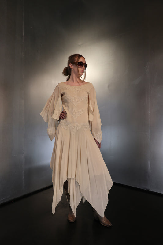 Asymmetrical Angel Sleeve Silk Dress, 1970s
