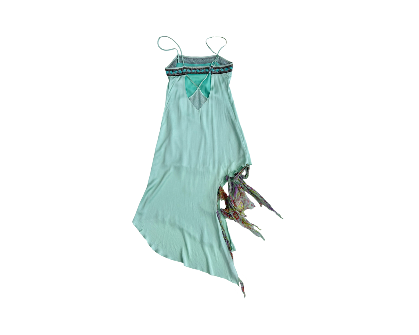 Asymmetrical beaded backless silk dress